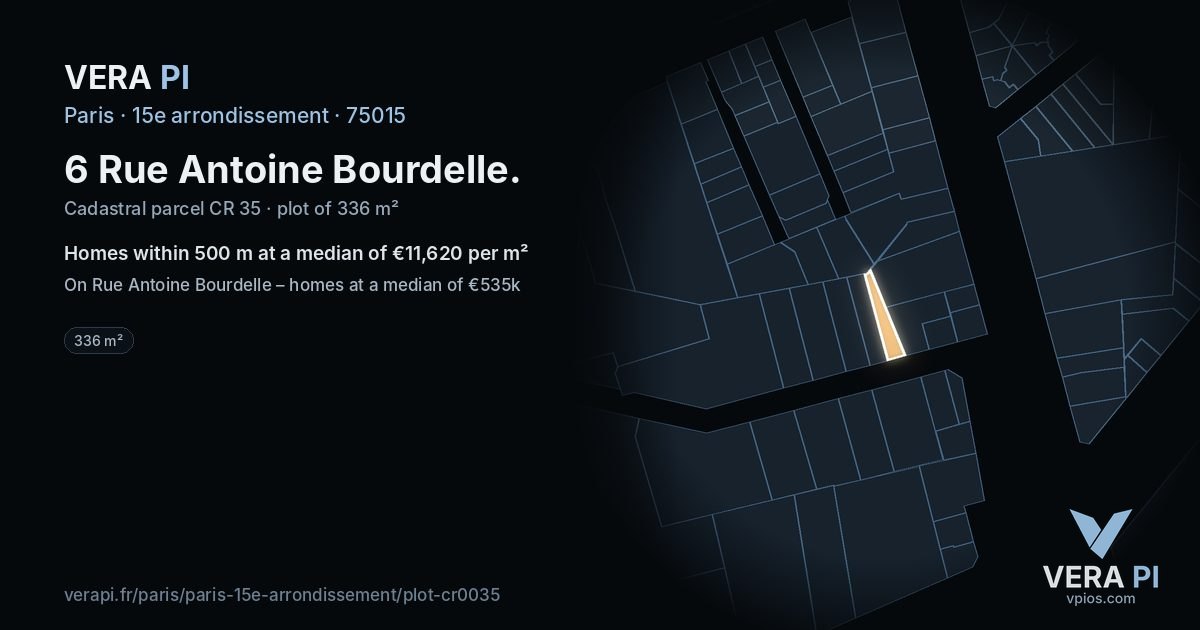 6 Rue Antoine Bourdelle, 15e arrondissement at night – the plot lit, the parcels around coloured by the prices near them