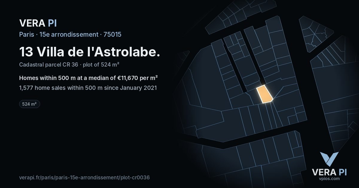 13 Villa de l'Astrolabe, 15e arrondissement at night – the plot lit, the parcels around coloured by the prices near them