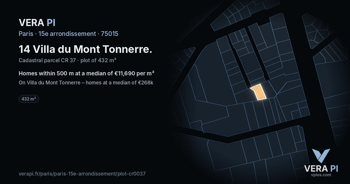 14 Villa du Mont Tonnerre, 15e arrondissement at night – the plot lit, the parcels around coloured by the prices near them