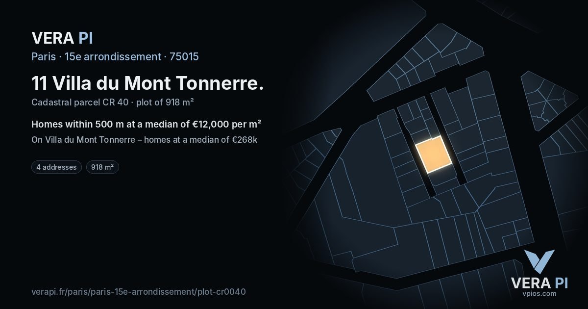 11 Villa du Mont Tonnerre, 15e arrondissement at night – the plot lit, the parcels around coloured by the prices near them