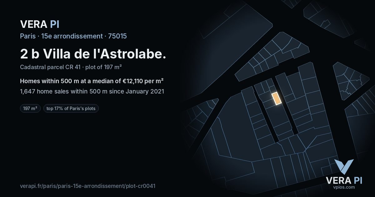 2 b Villa de l'Astrolabe, 15e arrondissement at night – the plot lit, the parcels around coloured by the prices near them
