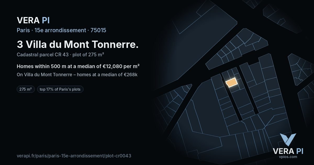 3 Villa du Mont Tonnerre, 15e arrondissement at night – the plot lit, the parcels around coloured by the prices near them