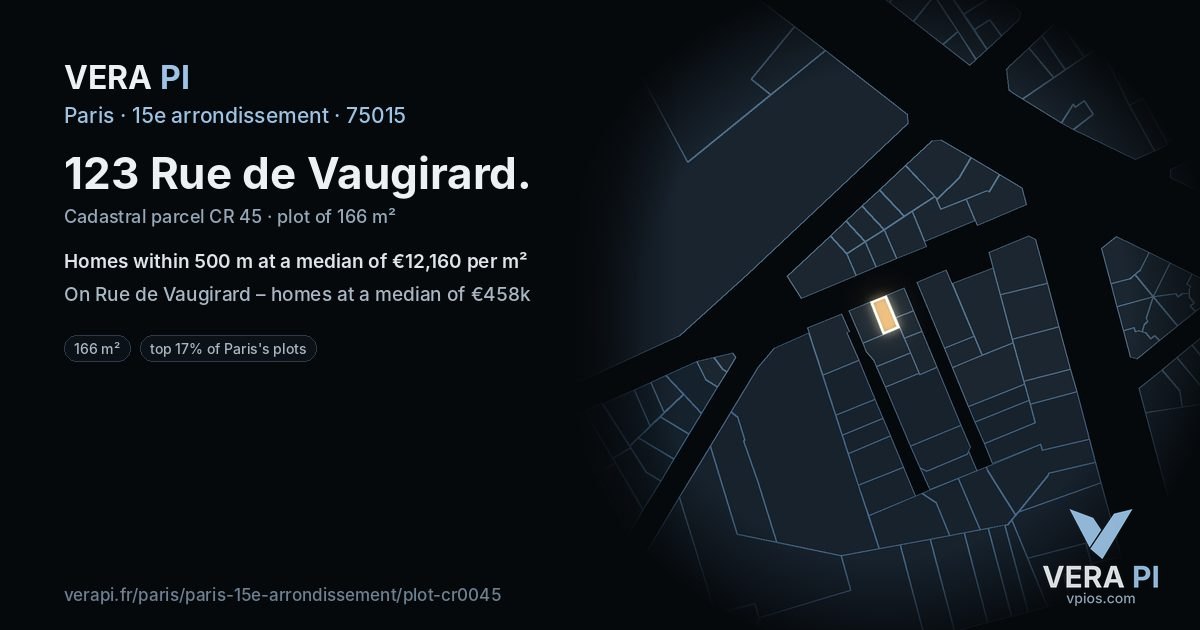 123 Rue de Vaugirard, 15e arrondissement at night – the plot lit, the parcels around coloured by the prices near them
