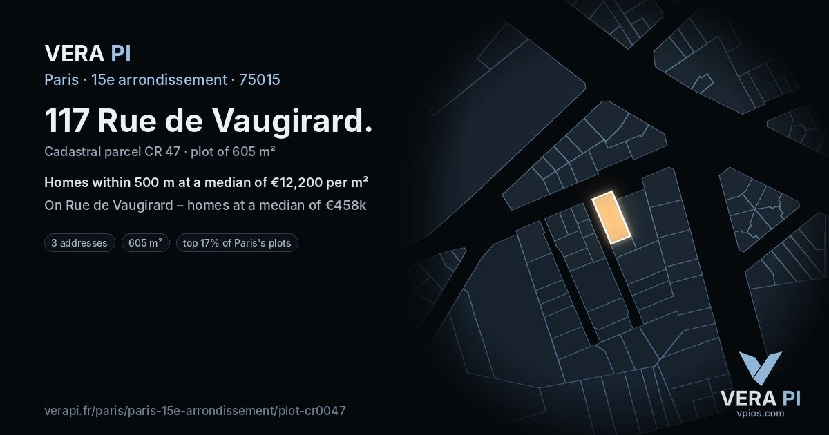 117 Rue de Vaugirard, 15e arrondissement at night – the plot lit, the parcels around coloured by the prices near them