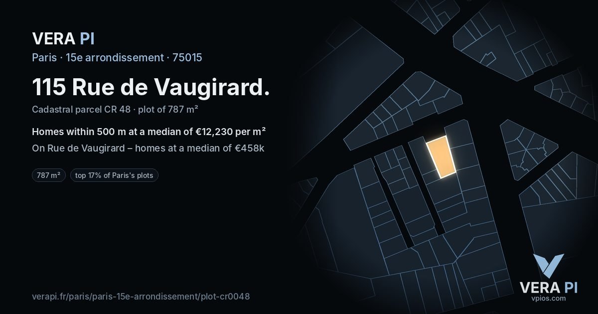 115 Rue de Vaugirard, 15e arrondissement at night – the plot lit, the parcels around coloured by the prices near them