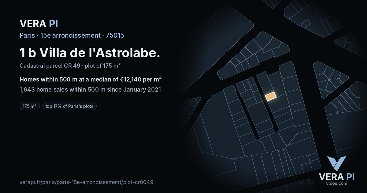 1 b Villa de l'Astrolabe, 15e arrondissement at night – the plot lit, the parcels around coloured by the prices near them