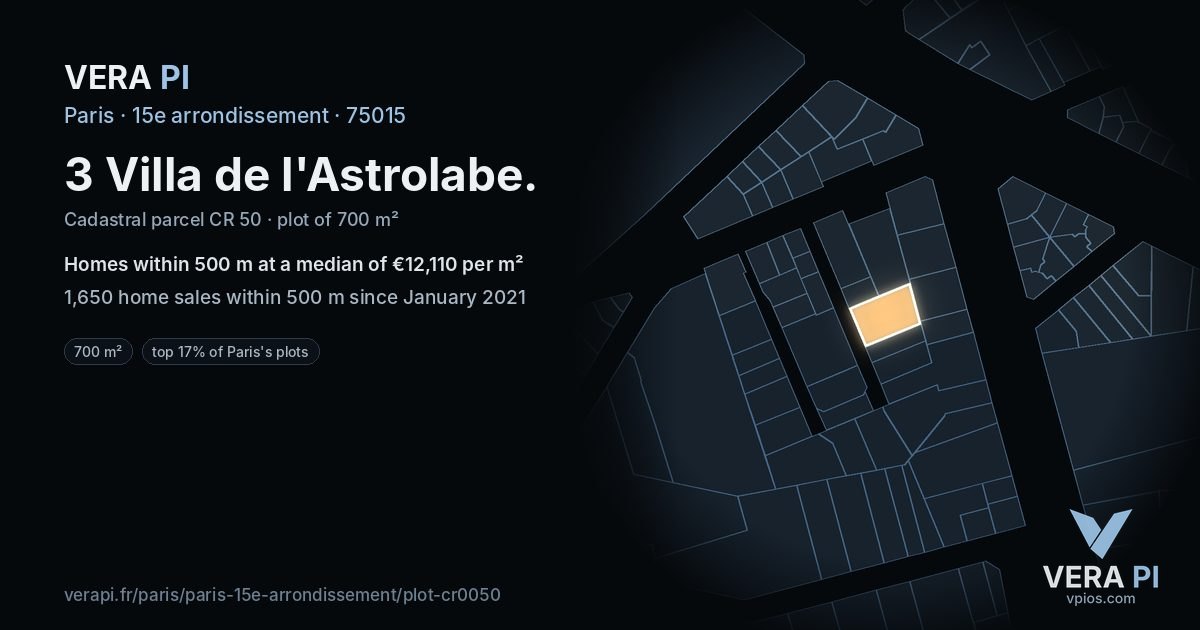 3 Villa de l'Astrolabe, 15e arrondissement at night – the plot lit, the parcels around coloured by the prices near them