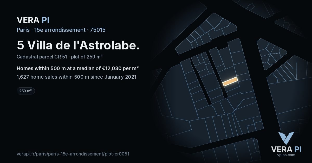 5 Villa de l'Astrolabe, 15e arrondissement at night – the plot lit, the parcels around coloured by the prices near them
