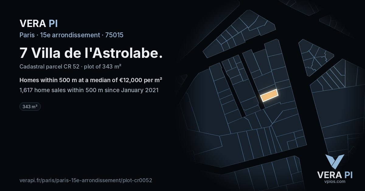 7 Villa de l'Astrolabe, 15e arrondissement at night – the plot lit, the parcels around coloured by the prices near them