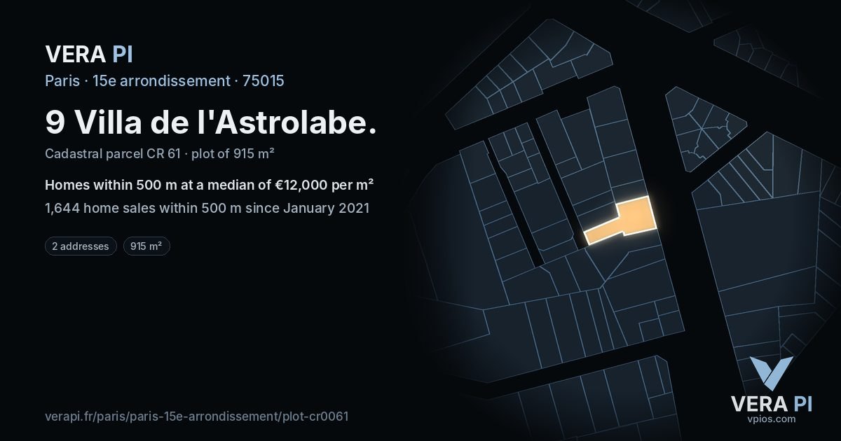 9 Villa de l'Astrolabe, 15e arrondissement at night – the plot lit, the parcels around coloured by the prices near them