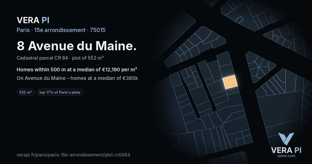 8 Avenue du Maine, 15e arrondissement at night – the plot lit, the parcels around coloured by the prices near them