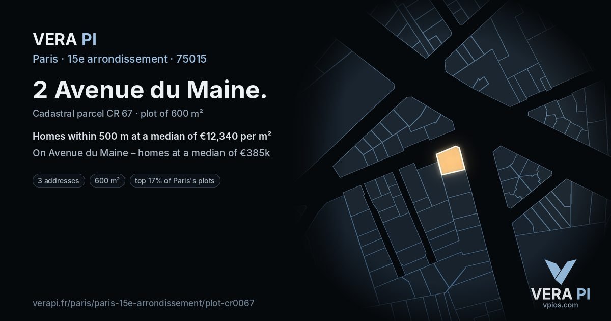 2 Avenue du Maine, 15e arrondissement at night – the plot lit, the parcels around coloured by the prices near them