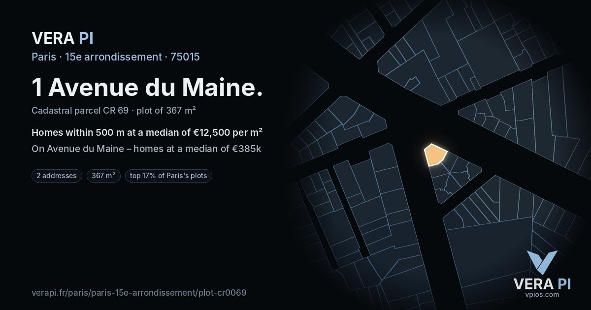 1 Avenue du Maine, 15e arrondissement at night – the plot lit, the parcels around coloured by the prices near them