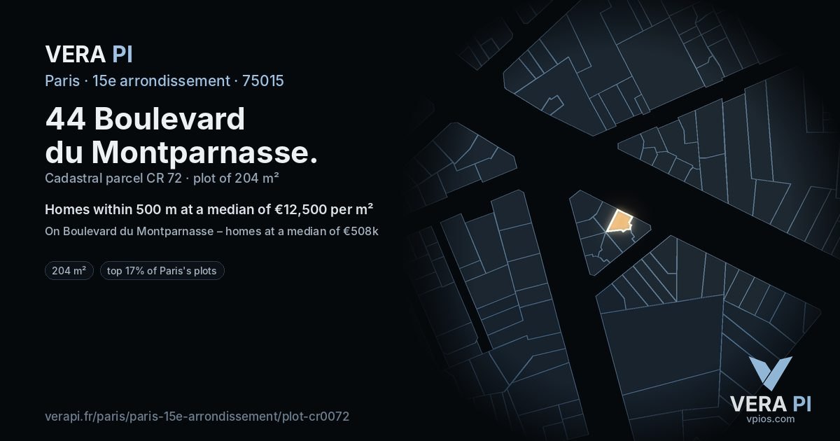 44 Boulevard du Montparnasse, 15e arrondissement at night – the plot lit, the parcels around coloured by the prices near them