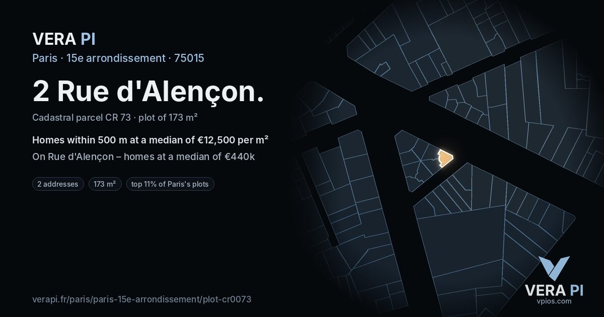 2 Rue d'Alençon, 15e arrondissement at night – the plot lit, the parcels around coloured by the prices near them