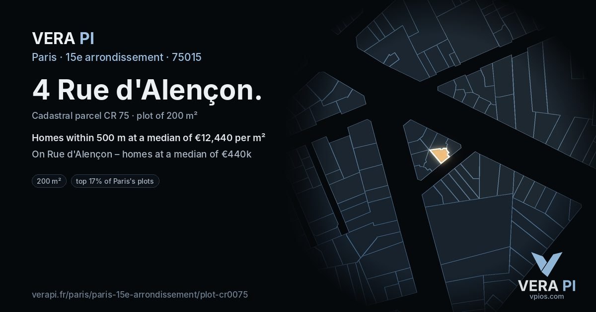 4 Rue d'Alençon, 15e arrondissement at night – the plot lit, the parcels around coloured by the prices near them