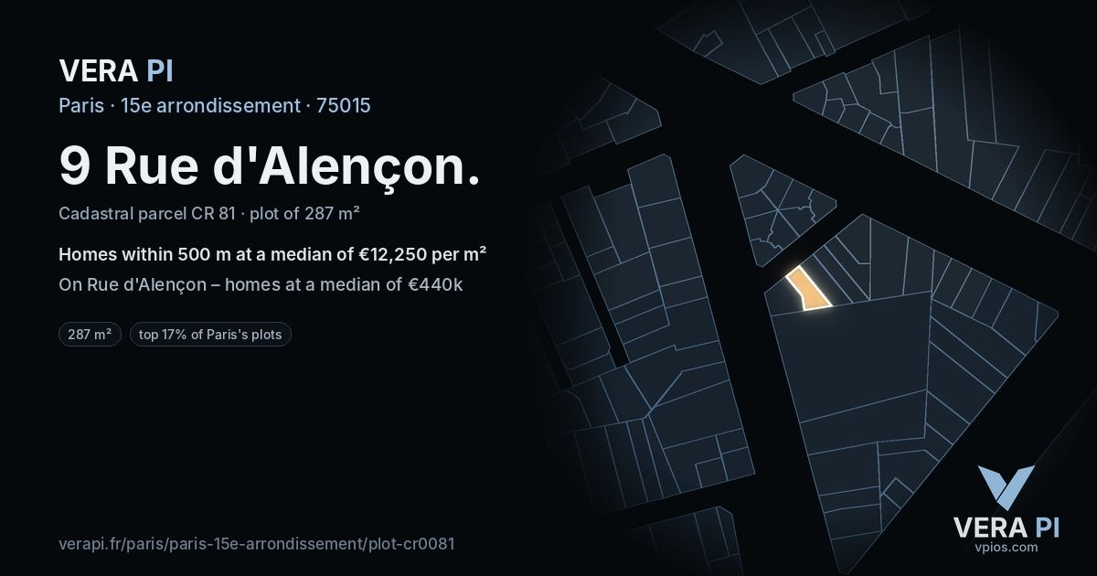 9 Rue d'Alençon, 15e arrondissement at night – the plot lit, the parcels around coloured by the prices near them