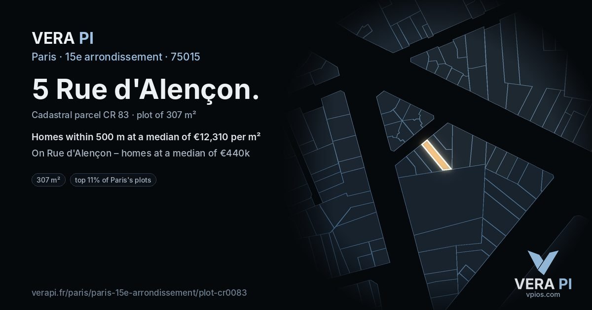 5 Rue d'Alençon, 15e arrondissement at night – the plot lit, the parcels around coloured by the prices near them