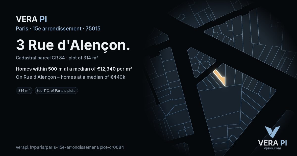 3 Rue d'Alençon, 15e arrondissement at night – the plot lit, the parcels around coloured by the prices near them