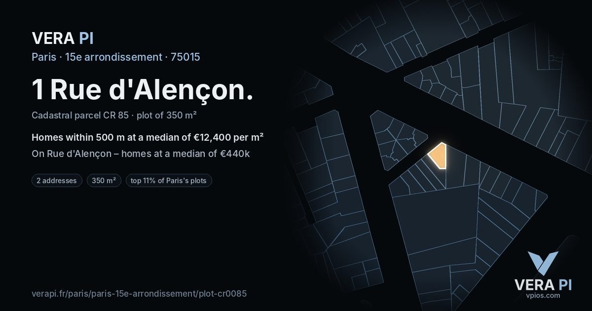 1 Rue d'Alençon, 15e arrondissement at night – the plot lit, the parcels around coloured by the prices near them