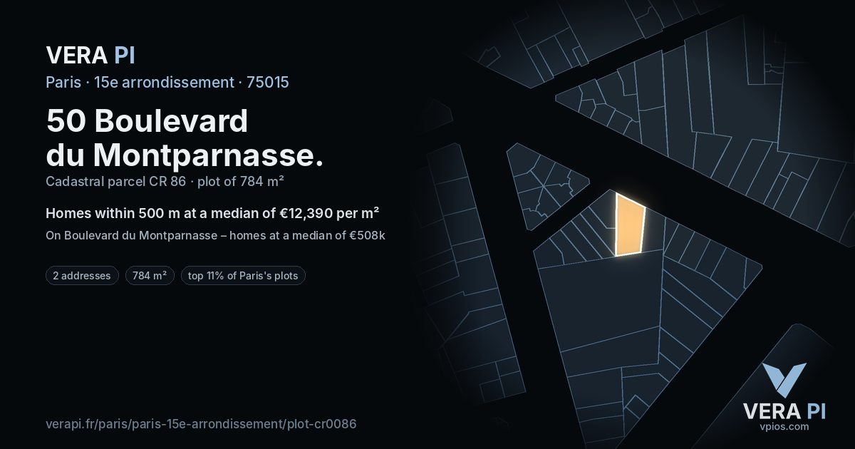 50 Boulevard du Montparnasse, 15e arrondissement at night – the plot lit, the parcels around coloured by the prices near them