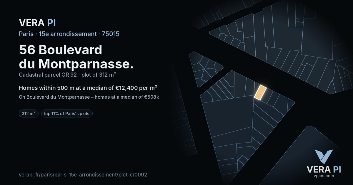 56 Boulevard du Montparnasse, 15e arrondissement at night – the plot lit, the parcels around coloured by the prices near them