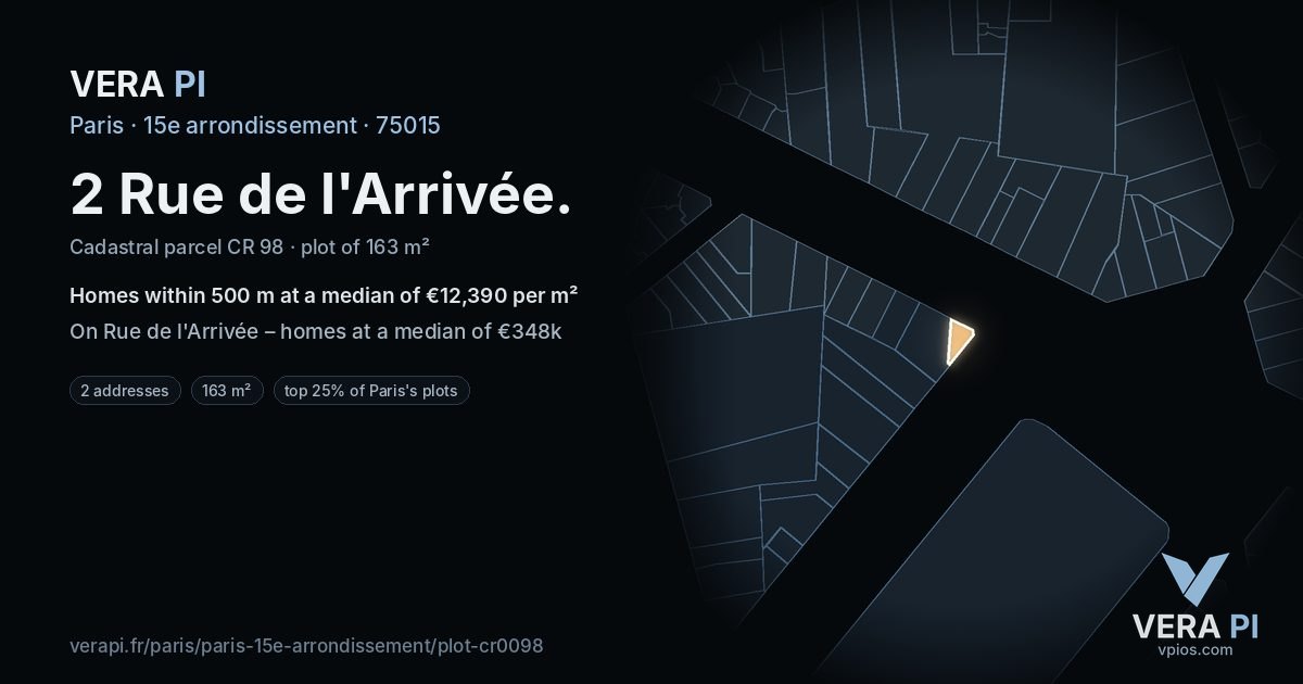 2 Rue de l'Arrivée, 15e arrondissement at night – the plot lit, the parcels around coloured by the prices near them