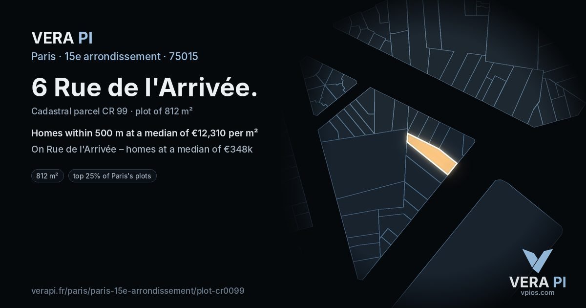 6 Rue de l'Arrivée, 15e arrondissement at night – the plot lit, the parcels around coloured by the prices near them