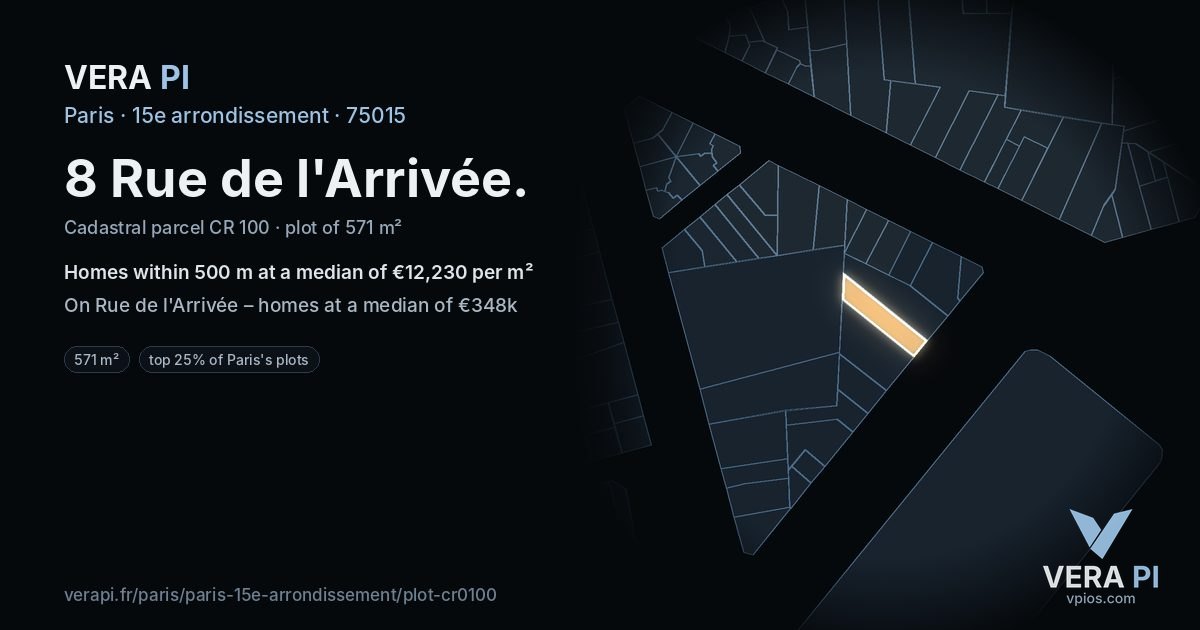 8 Rue de l'Arrivée, 15e arrondissement at night – the plot lit, the parcels around coloured by the prices near them