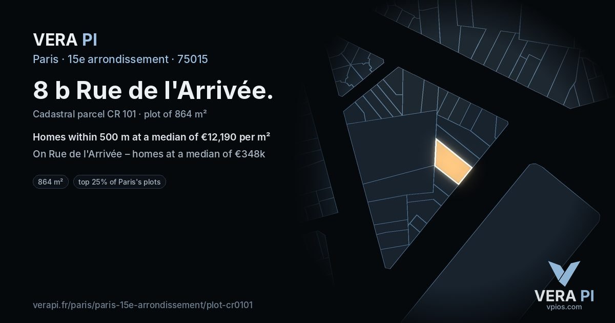 8 b Rue de l'Arrivée, 15e arrondissement at night – the plot lit, the parcels around coloured by the prices near them