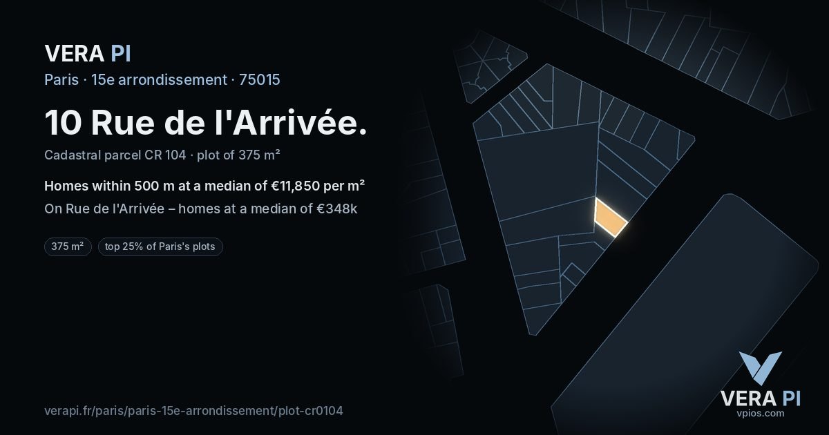 10 Rue de l'Arrivée, 15e arrondissement at night – the plot lit, the parcels around coloured by the prices near them
