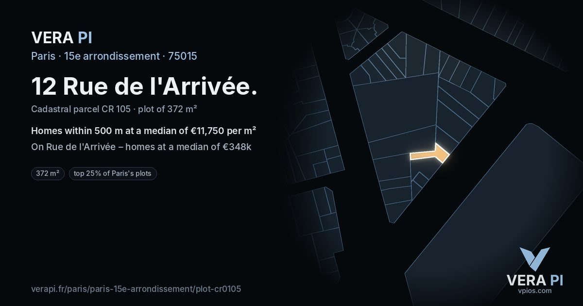 12 Rue de l'Arrivée, 15e arrondissement at night – the plot lit, the parcels around coloured by the prices near them