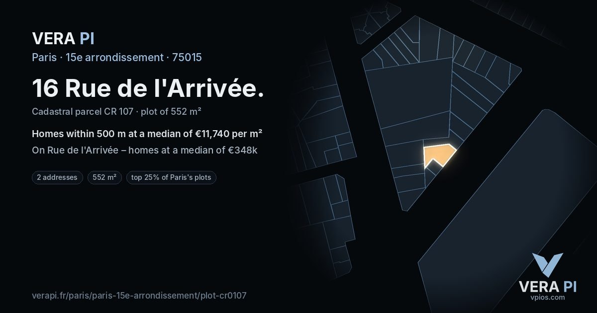 16 Rue de l'Arrivée, 15e arrondissement at night – the plot lit, the parcels around coloured by the prices near them
