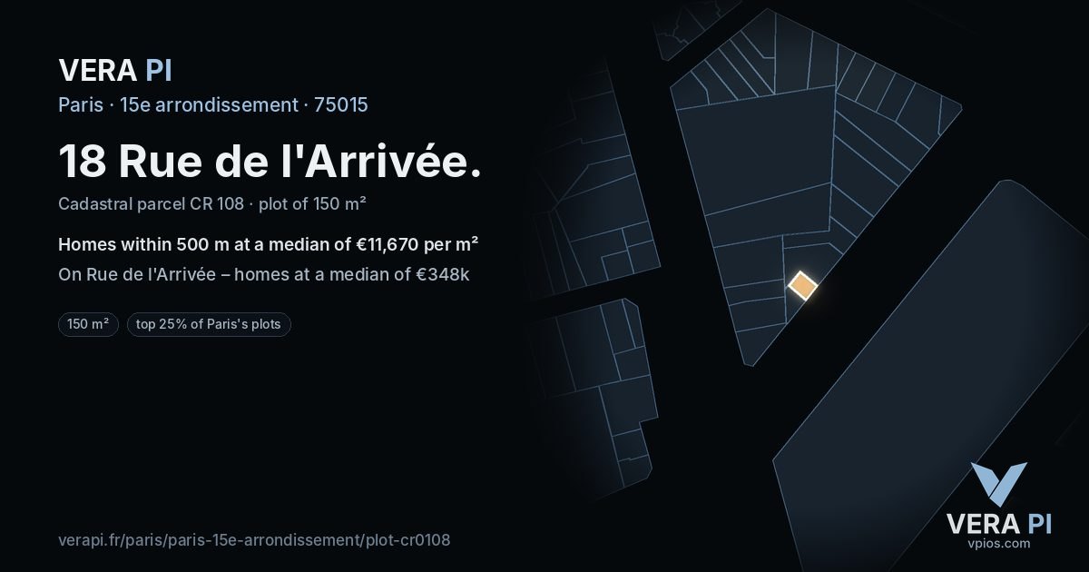 18 Rue de l'Arrivée, 15e arrondissement at night – the plot lit, the parcels around coloured by the prices near them