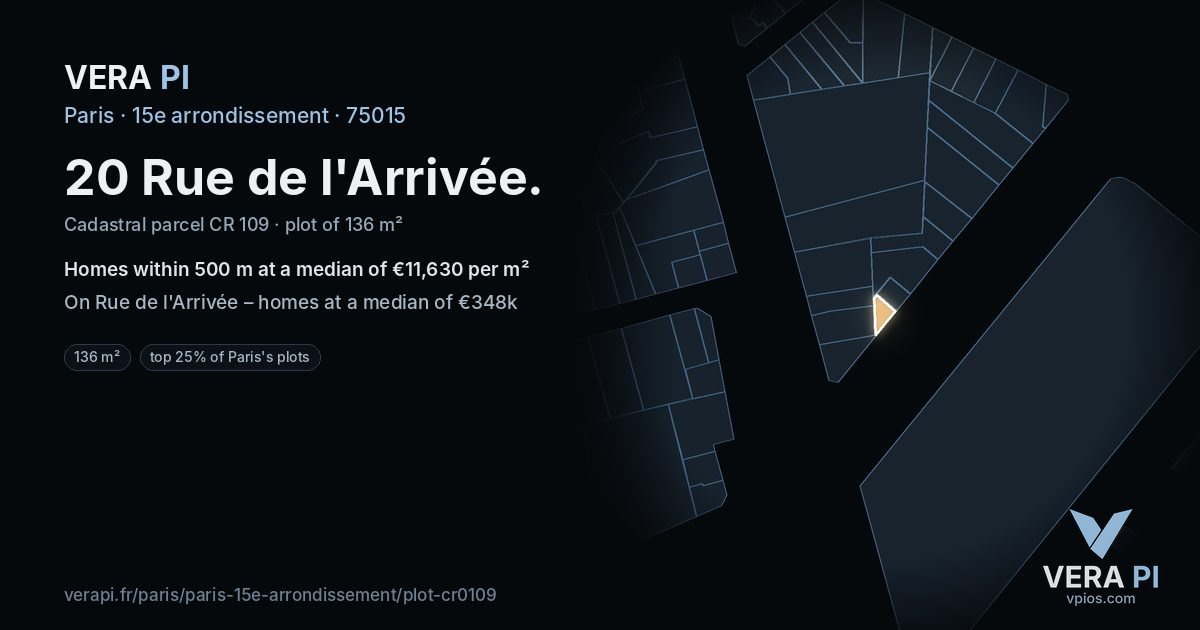 20 Rue de l'Arrivée, 15e arrondissement at night – the plot lit, the parcels around coloured by the prices near them