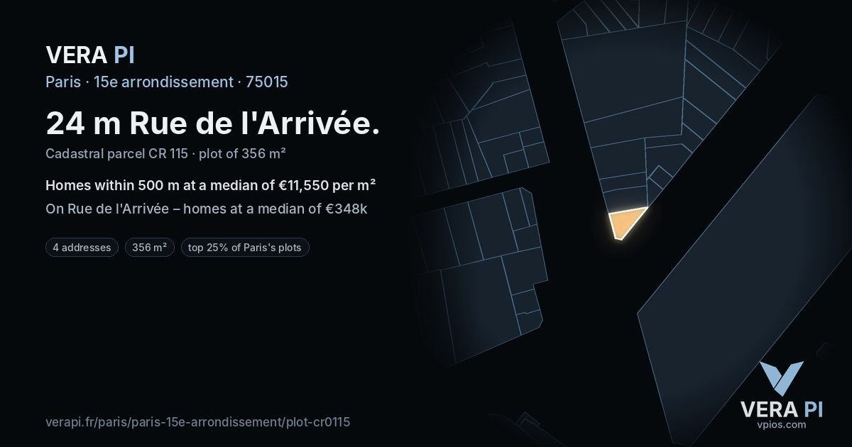 24 m Rue de l'Arrivée, 15e arrondissement at night – the plot lit, the parcels around coloured by the prices near them