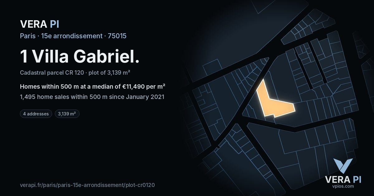 1 Villa Gabriel, 15e arrondissement at night – the plot lit, the parcels around coloured by the prices near them