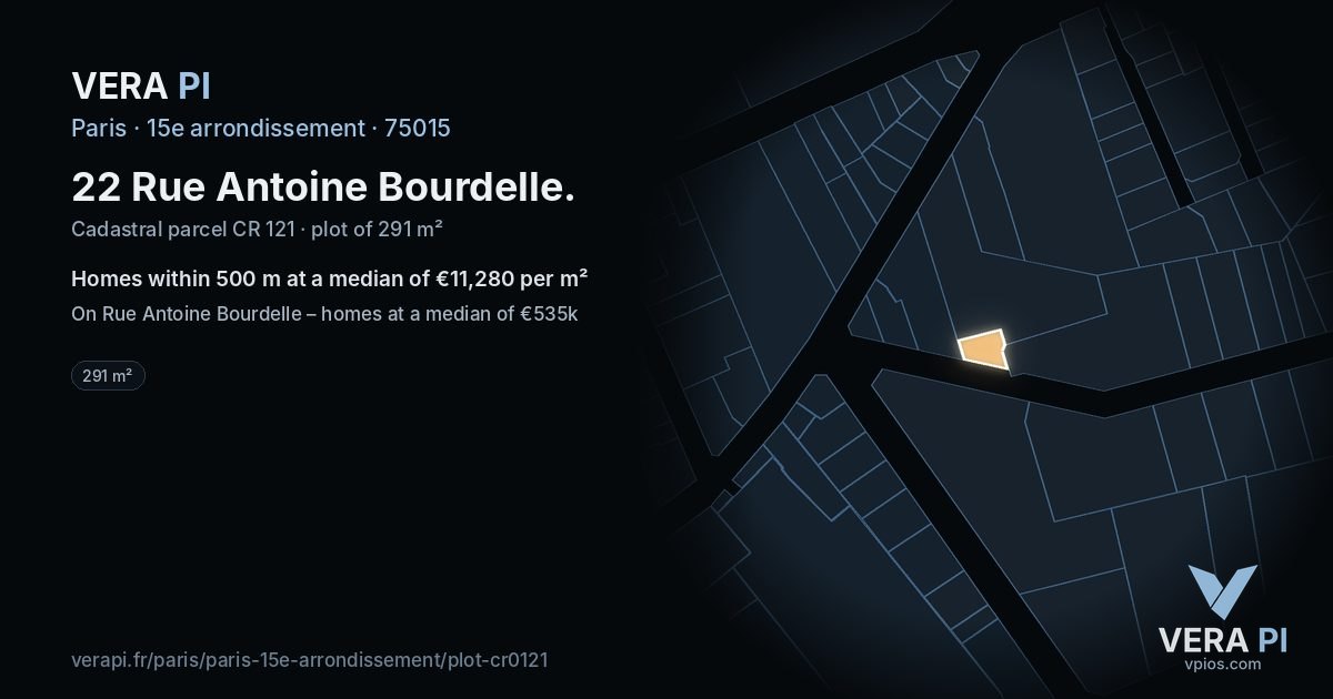 22 Rue Antoine Bourdelle, 15e arrondissement at night – the plot lit, the parcels around coloured by the prices near them
