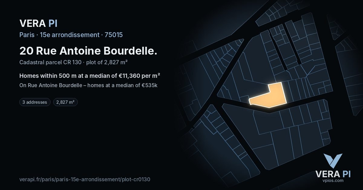 20 Rue Antoine Bourdelle, 15e arrondissement at night – the plot lit, the parcels around coloured by the prices near them