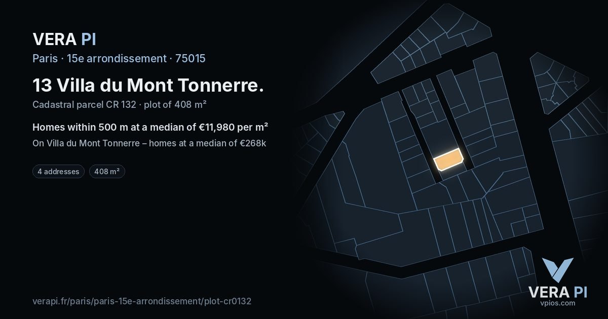 13 Villa du Mont Tonnerre, 15e arrondissement at night – the plot lit, the parcels around coloured by the prices near them