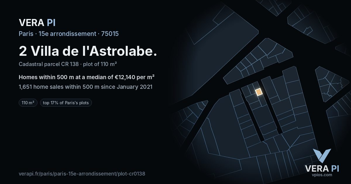 2 Villa de l'Astrolabe, 15e arrondissement at night – the plot lit, the parcels around coloured by the prices near them