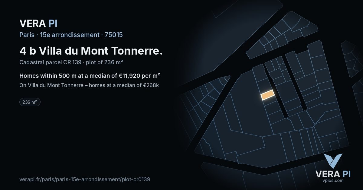 4 b Villa du Mont Tonnerre, 15e arrondissement at night – the plot lit, the parcels around coloured by the prices near them
