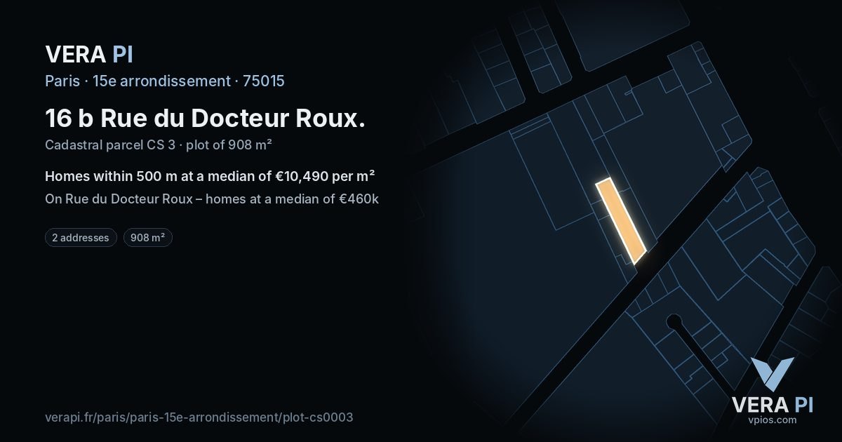 16 b Rue du Docteur Roux, 15e arrondissement at night – the plot lit, the parcels around coloured by the prices near them