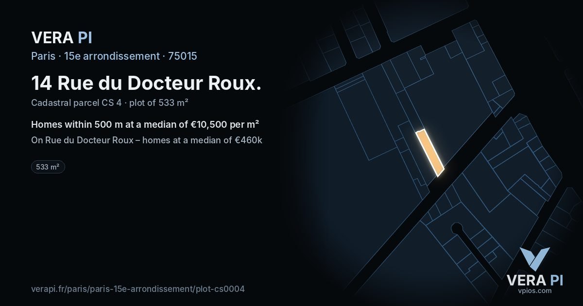 14 Rue du Docteur Roux, 15e arrondissement at night – the plot lit, the parcels around coloured by the prices near them