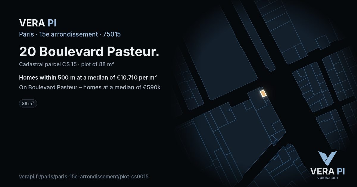 20 Boulevard Pasteur, 15e arrondissement at night – the plot lit, the parcels around coloured by the prices near them