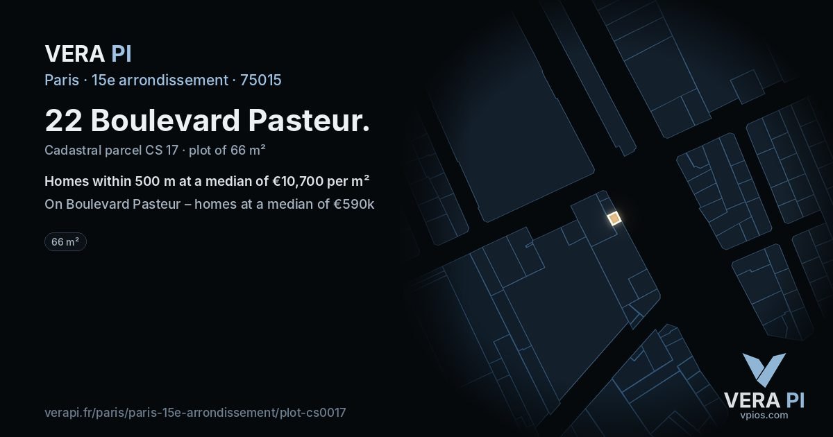 22 Boulevard Pasteur, 15e arrondissement at night – the plot lit, the parcels around coloured by the prices near them