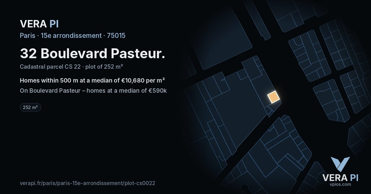 32 Boulevard Pasteur, 15e arrondissement at night – the plot lit, the parcels around coloured by the prices near them