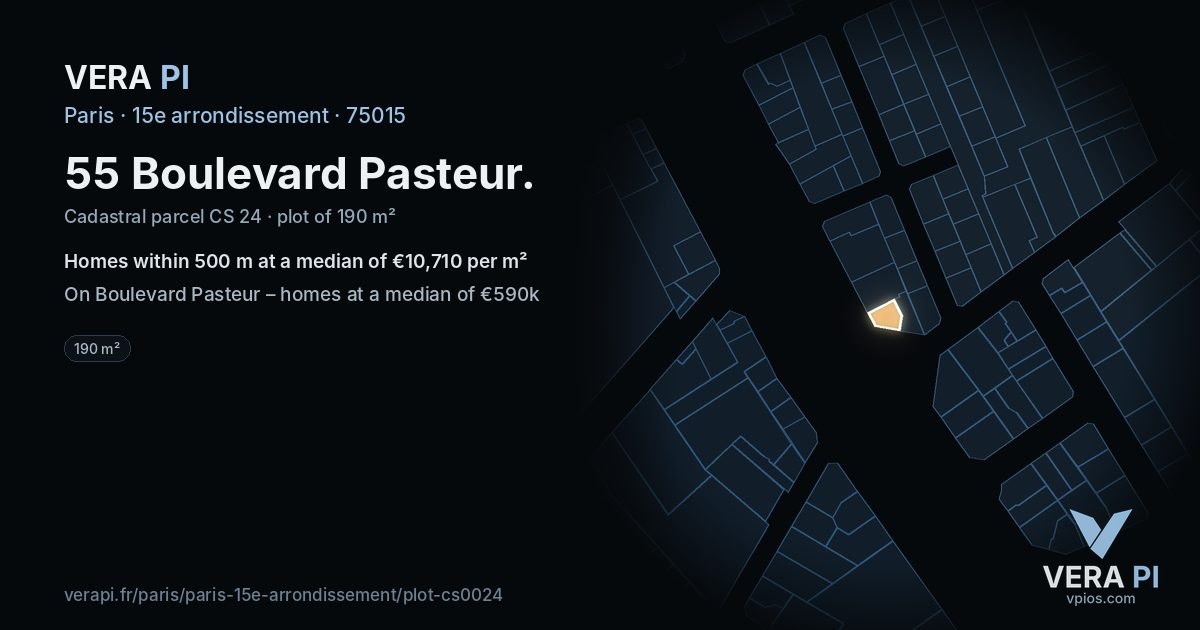 55 Boulevard Pasteur, 15e arrondissement at night – the plot lit, the parcels around coloured by the prices near them
