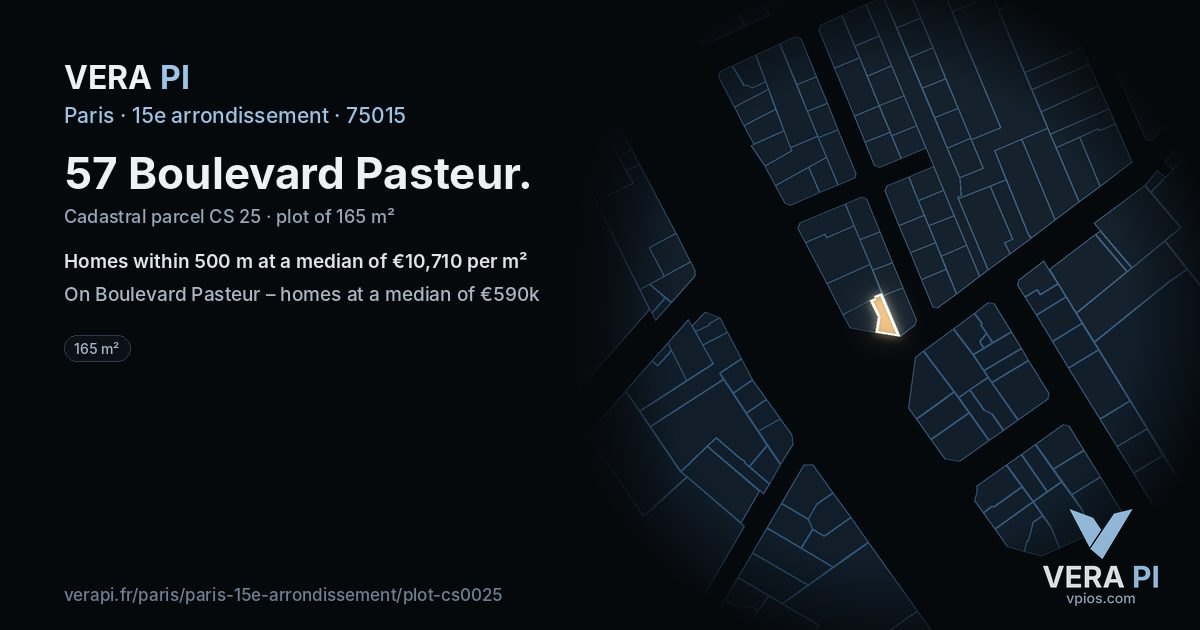 57 Boulevard Pasteur, 15e arrondissement at night – the plot lit, the parcels around coloured by the prices near them