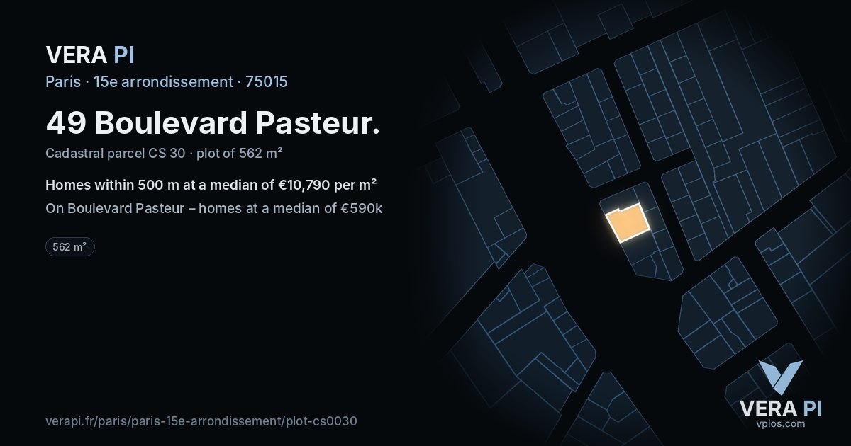 49 Boulevard Pasteur, 15e arrondissement at night – the plot lit, the parcels around coloured by the prices near them